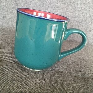 Colorful Blue Rimmed + Speckled Teal Blue Coffee Mug, Red Interior, 12 oz